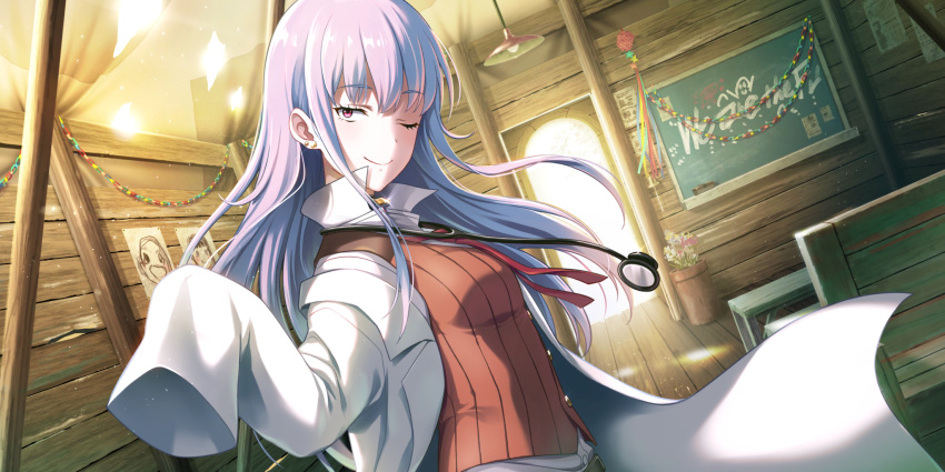 1girl callan_(kouya_no_kotobuki_hikoutai) chalkboard door dutch_angle earrings game_cg highres indoors jewelry kouya_no_kotobuki_hikoutai labcoat light_bulb long_hair looking_at_viewer necktie non-web_source official_art one_eye_closed painting_(object) pink_eyes plant potted_plant red_neckwear sleeves_past_fingers sleeves_past_wrists solo standing stethoscope upper_body violet_eyes wooden_floor