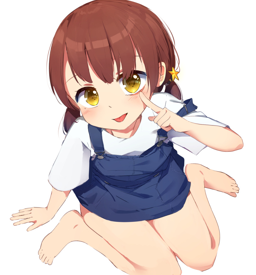 1girl :p akanbe barefoot blue_dress brown_eyes brown_hair dress from_above hoshizora_ayase knees_together_feet_apart long_hair looking_at_viewer looking_up low_twintails original shirt short_dress simple_background sitting smile solo tongue tongue_out twintails white_background white_shirt