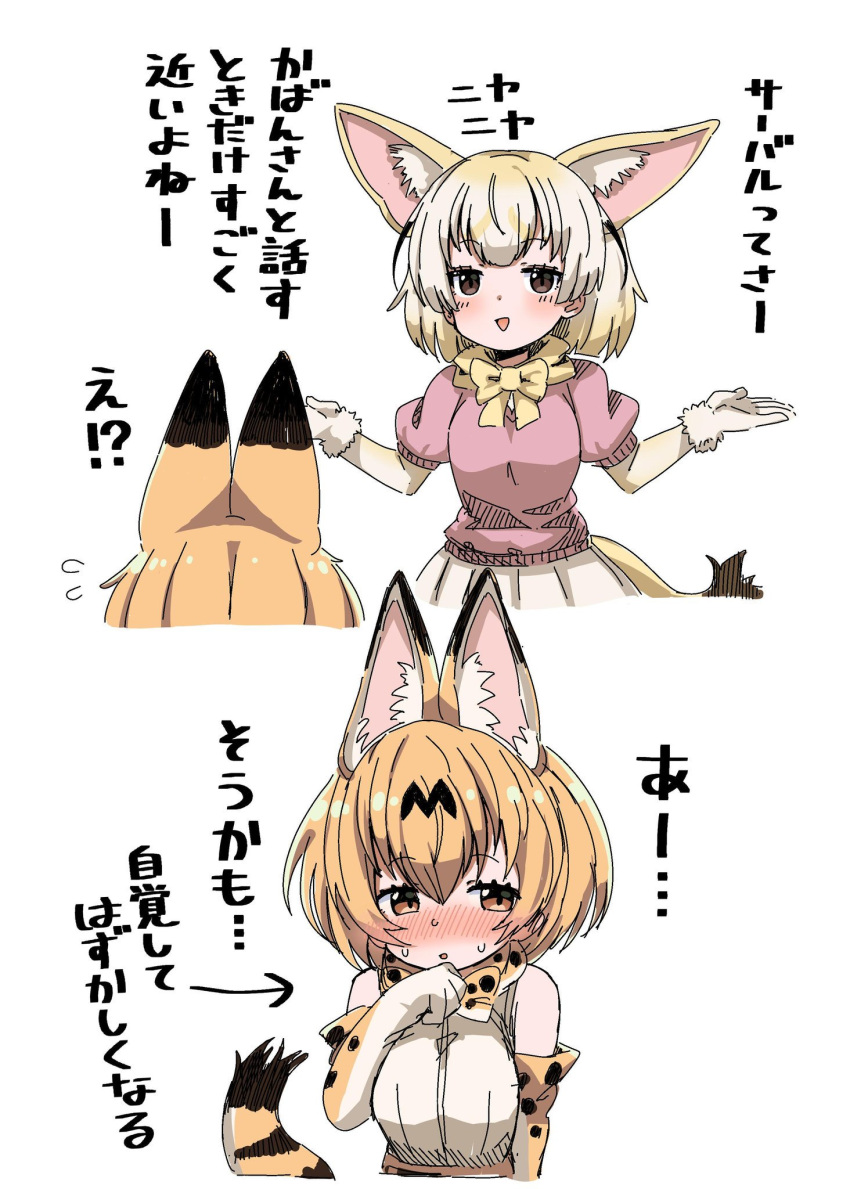 animal_ear_fluff animal_ears bare_shoulders blonde_hair blush bow bowtie brown_eyes elbow_gloves embarrassed extra_ears fennec_(kemono_friends) fox_ears fox_tail gloves highres kemono_friends medium_hair multicolored_hair nekonyan_(inaba31415) nose_blush outstretched_arms print_gloves print_neckwear puffy_short_sleeves puffy_sleeves serval_(kemono_friends) serval_ears serval_print serval_tail shirt short_hair short_sleeves simple_background skirt sleeveless sleeveless_shirt spread_arms tail translated two-tone_hair white_background white_hair white_skirt yellow_neckwear