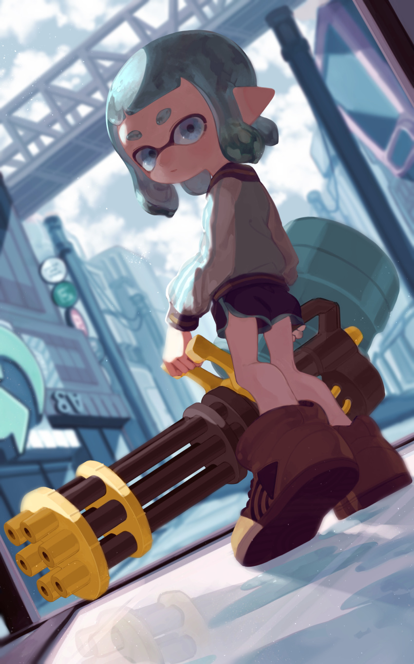 1girl absurdres ajomo aqua_eyes aqua_hair aqua_jacket bangs black_shorts blunt_bangs blurry blurry_background brown_footwear city closed_mouth commentary day depth_of_field dutch_angle from_behind gym_shorts heavy_splatling_(splatoon) heel_up highres holding holding_weapon inkling jacket letterman_jacket light_frown light_particles long_sleeves looking_at_viewer looking_back medium_hair outdoors pointy_ears shoes short_shorts shorts solo splatoon_(series) splatoon_2 standing tentacle_hair weapon