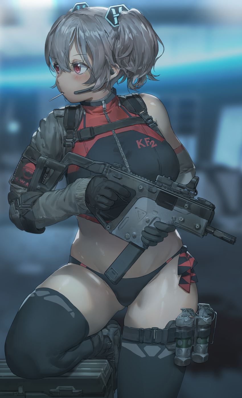 1girl absurdres ammunition_belt arm_warmers bare_shoulders black_gloves black_legwear blurry breasts candy commentary crop_top depth_of_field detached_sleeves explosive food gloves grenade gun hair_between_eyes highres holding holding_gun holding_weapon huge_filesize killing_floor killing_floor_2 kriss_vector large_breasts lollipop looking_to_the_side midriff monitor mouth_hold red_eyes shiny shiny_skin short_twintails silver_hair single_bare_shoulder solo standing standing_on_one_leg stomach submachine_gun thigh-highs thigh_strap thighs twintails weapon yohan1754
