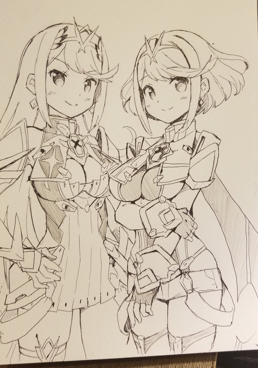 2girls armor bangs breasts commentary_request earrings eyebrows_visible_through_hair gem gloves hair_ornament headpiece highres mythra_(xenoblade) pyra_(xenoblade) jewelry large_breasts long_hair madanai_(morisumeshi) monochrome multiple_girls short_hair sketch swept_bangs tiara xenoblade_(series) xenoblade_2