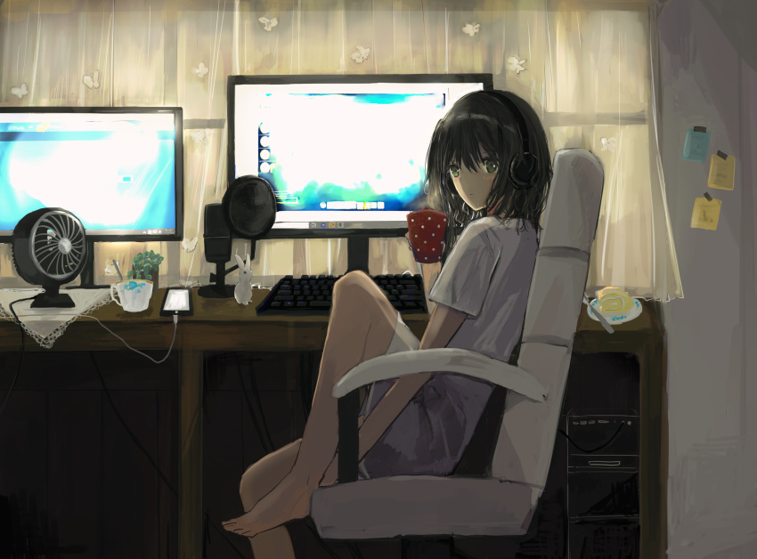 1girl barefoot black_hair brown_eyes cable cake cellphone chair computer cup curtains electric_fan fan food fork headphones highres indoors keyboard_(computer) knee_up looking_at_viewer microphone ohanabataketohachi original phone shirt short_hair sitting sketch solo spoon sticky_note t-shirt toy white_shirt