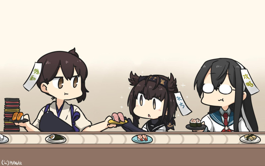 3girls anchor_symbol black_bodysuit black_gloves black_hair black_sailor_collar blue_sailor_collar bodysuit brown_eyes brown_hair clothes_writing commentary_request conveyor_belt dated food glasses gloves hachimaki hair_flaps hairband hatsuzuki_(kantai_collection) headband highres japanese_clothes kaga_(kantai_collection) kantai_collection long_hair medium_hair multiple_girls muneate neckerchief necktie ooyodo_(kantai_collection) opaque_glasses paper plate red_neckwear sailor_collar semi-rimless_eyewear short_hair side_ponytail sushi tasuki translation_request under-rim_eyewear upper_body yellow_eyes