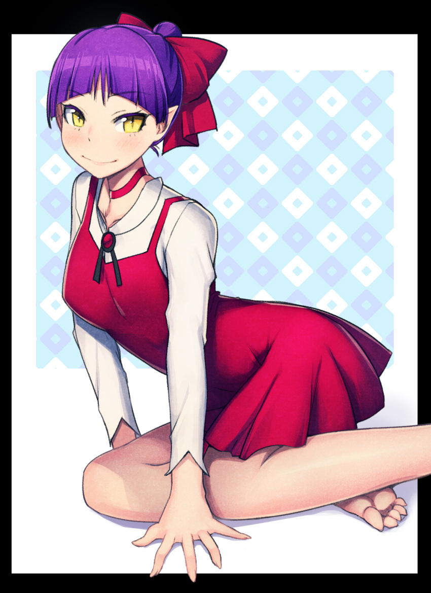 1girl blush bow breasts choker closed_mouth commentary_request dress gegege_no_kitarou hair_bow highres looking_at_viewer mahito nekomusume pointy_ears purple_hair red_bow ribbon short_hair solo yellow_eyes