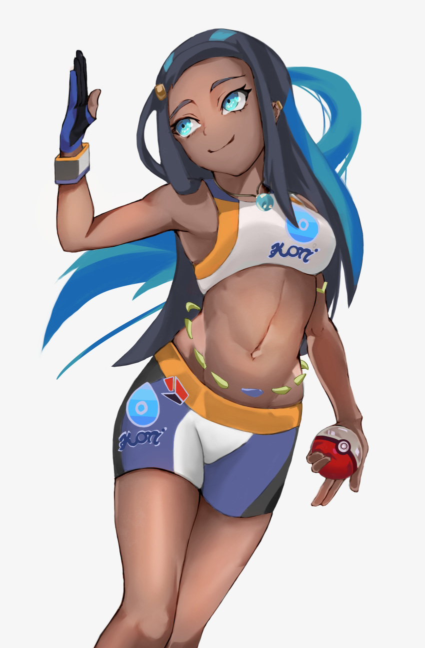 1girl absurdres bare_shoulders black_hair blue_eyes blue_hair breasts closed_mouth dark_skin gloves hair_ornament highres holding jewelry long_hair medium_breasts multicolored_hair navel necklace pokemon pokemon_(game) pokemon_swsh rurina_(pokemon) simple_background single_glove sleeveless smile solo solo_focus sports_bra sportswear standing white_background wristband yuutosj