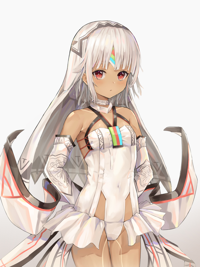 1girl absurdres altera_(fate) arms_behind_back bangs bare_shoulders blunt_bangs blush closed_mouth covered_navel cowboy_shot dark_skin detached_sleeves fate/extella fate/extra fate_(series) flat_chest forehead_protector grey_background grey_choker highres hokori_sakuni leotard long_sleeves looking_at_viewer red_eyes showgirl_skirt silver_hair simple_background solo thigh_gap veil white_leotard younger