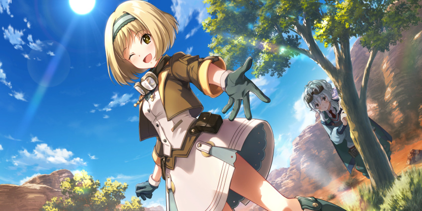 2girls behind_tree black_gloves blonde_hair blue_sky boots brown_eyes brown_jacket character_request cropped_jacket dutch_angle from_below game_cg gloves goggles goggles_around_neck hairband highres jacket kouya_no_kotobuki_hikoutai looking_at_viewer mountainous_horizon multiple_girls non-web_source official_art one_eye_closed pouch reaching_out short_hair skirt sky sun sunlight white_skirt