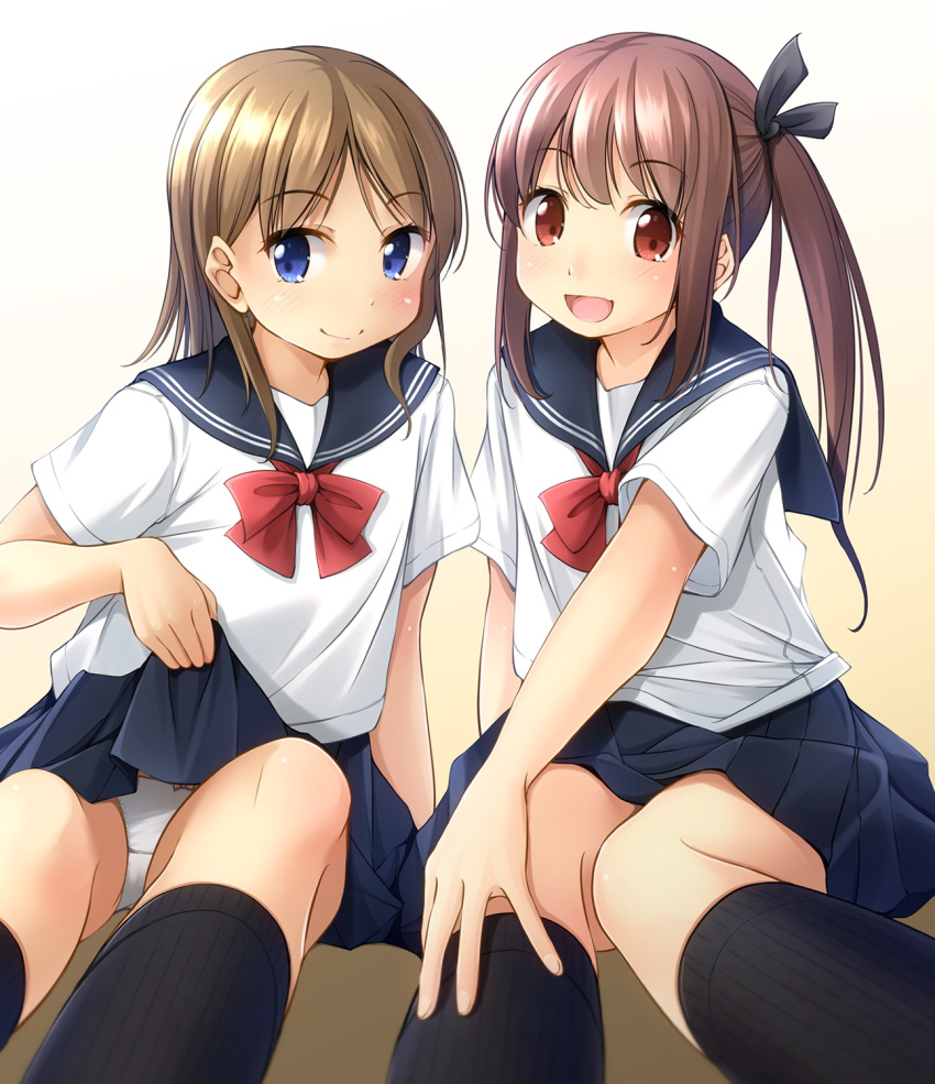 2girls :d bangs black_legwear black_ribbon blue_eyes blue_sailor_collar blue_skirt blush bow bow_panties brown_background brown_eyes brown_hair commentary_request eyebrows_visible_through_hair fingernails gradient gradient_background hair_between_eyes hair_ribbon hand_on_own_thigh highres kneehighs lifted_by_self long_hair multiple_girls open_mouth original panties pleated_skirt red_bow ribbon sailor_collar school_uniform serafuku shibacha shirt short_sleeves side_ponytail sitting skirt skirt_lift smile underwear white_background white_panties white_shirt