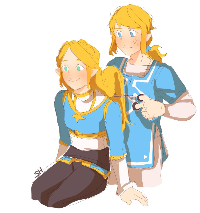 1boy 1girl aqua_eyes artist_request blonde_hair blue_eyes blue_tunic cutting_hair elf frown highres link long_hair looking_at_another pants pointy_ears princess_zelda scissors smile sweatdrop the_legend_of_zelda:_breath_of_the_wild_2