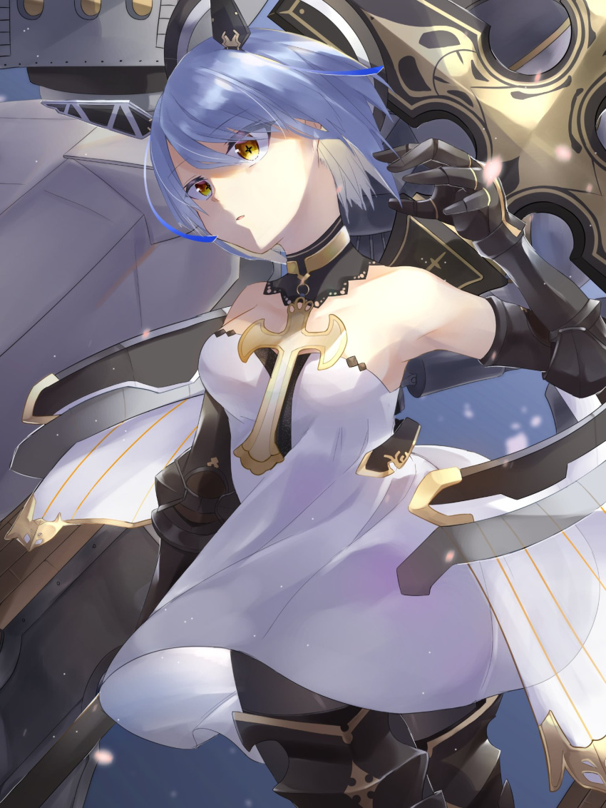 +_+ 1girl armored_boots armpits azur_lane bangs bare_shoulders black_gloves black_legwear boots breasts cross cross_(weapon) detached_collar dress eyebrows_visible_through_hair gascogne_(azur_lane) gauntlets gloves headpiece highres lace-trimmed_collar light_blue_hair medium_breasts ontama_(z1p579) parted_bangs parted_lips petals rigging short_hair solo symbol-shaped_pupils white_dress wind yellow_eyes