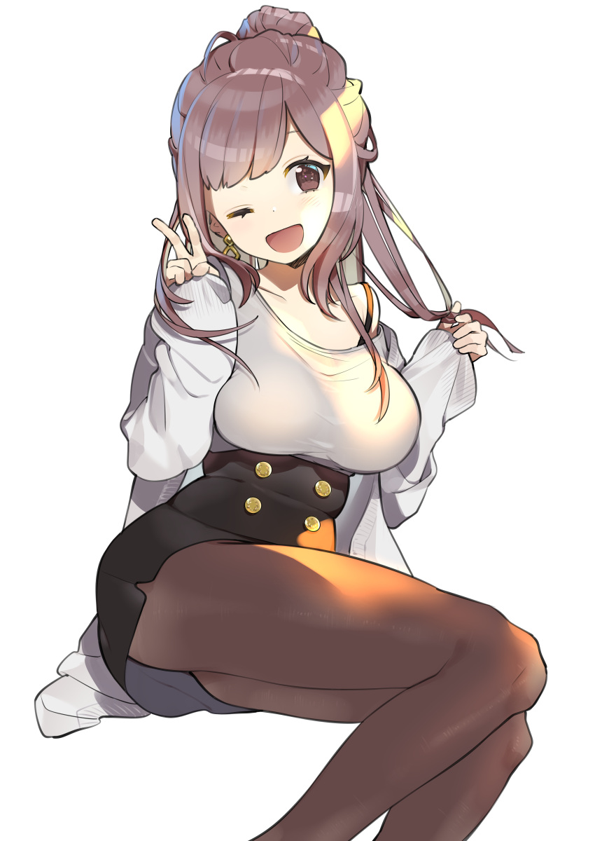 1girl ;d absurdres ass bangs black_skirt blush breasts brown_eyes brown_hair brown_legwear collarbone copyright_request earrings eyebrows_behind_hair feet_out_of_frame grey_jacket grey_shirt hair_bun hand_up head_tilt high-waist_skirt highres jacket jewelry large_breasts long_hair omucchan_(omutyuan) one_eye_closed open_clothes open_jacket open_mouth pantyhose pinching_sleeves shirt simple_background skirt smile solo v white_background