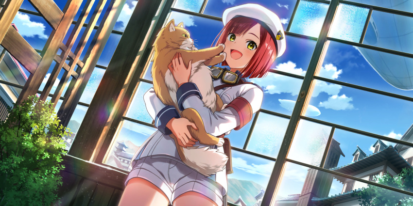 1girl aircraft armband beret blue_sky bob_cut building carrying cat character_request clouds dirigible dutch_angle game_cg goggles goggles_around_neck hat highres kouya_no_kotobuki_hikoutai looking_at_viewer non-web_source official_art open_mouth pants plant red_armband redhead short_hair shorts sky solo white_headwear white_pants white_uniform window yellow_eyes zeppelin