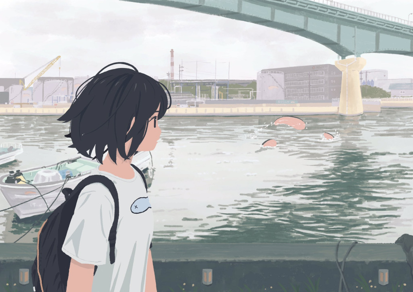 1girl ahoge backpack bag black_eyes black_hair boat bridge building commentary_request day factory food highres nerio_(neri_akira) original outdoors print_shirt river salmon shirt short_hair solo t-shirt upper_body water watercraft