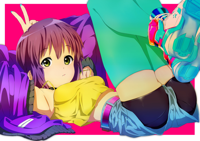 1girl absurdres alternate_costume armpits arms_behind_head ass bike_shorts blue_legwear breasts crop_top english_commentary expressionless eyebrows_visible_through_hair highres jacket looking_at_viewer lying midriff mogege_gk nagato_yuki on_back pink_background purple_hair shoes short_hair shorts sneakers solo suzumiya_haruhi_no_yuuutsu thigh-highs v yellow_eyes