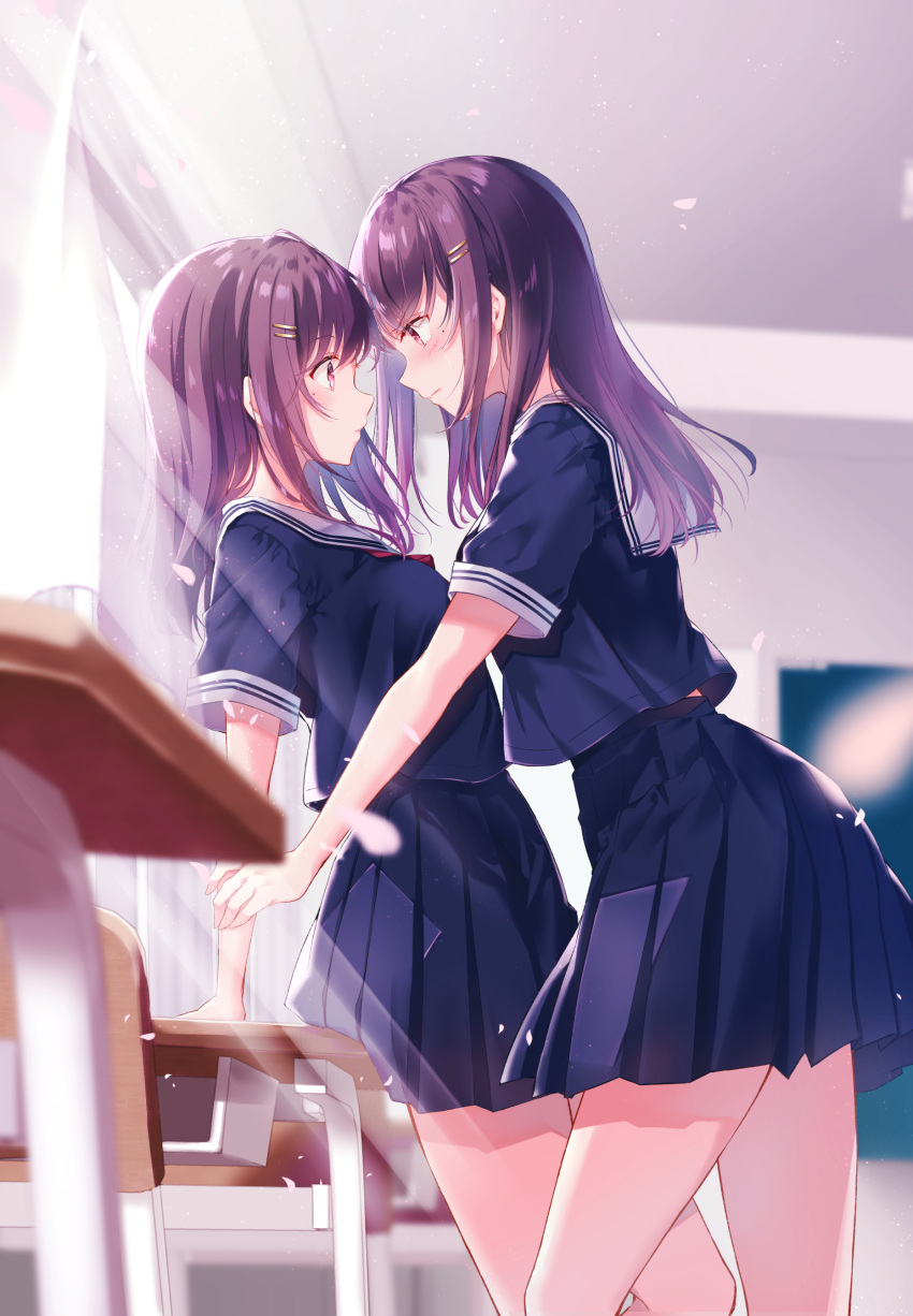 2girls absurdres arm_support bangs blue_shirt blue_skirt blurry blurry_background blurry_foreground blush bow breasts chair classroom closed_mouth commentary_request curtains depth_of_field desk eye_contact eyebrows_visible_through_hair hair_between_eyes hair_ornament hairclip highres indoors kisaragi_yuri long_hair looking_at_another looking_at_viewer multiple_girls original petals pleated_skirt purple_hair red_bow sailor_collar school_chair school_desk school_uniform serafuku shirt short_sleeves skirt small_breasts transparent violet_eyes white_sailor_collar yuri
