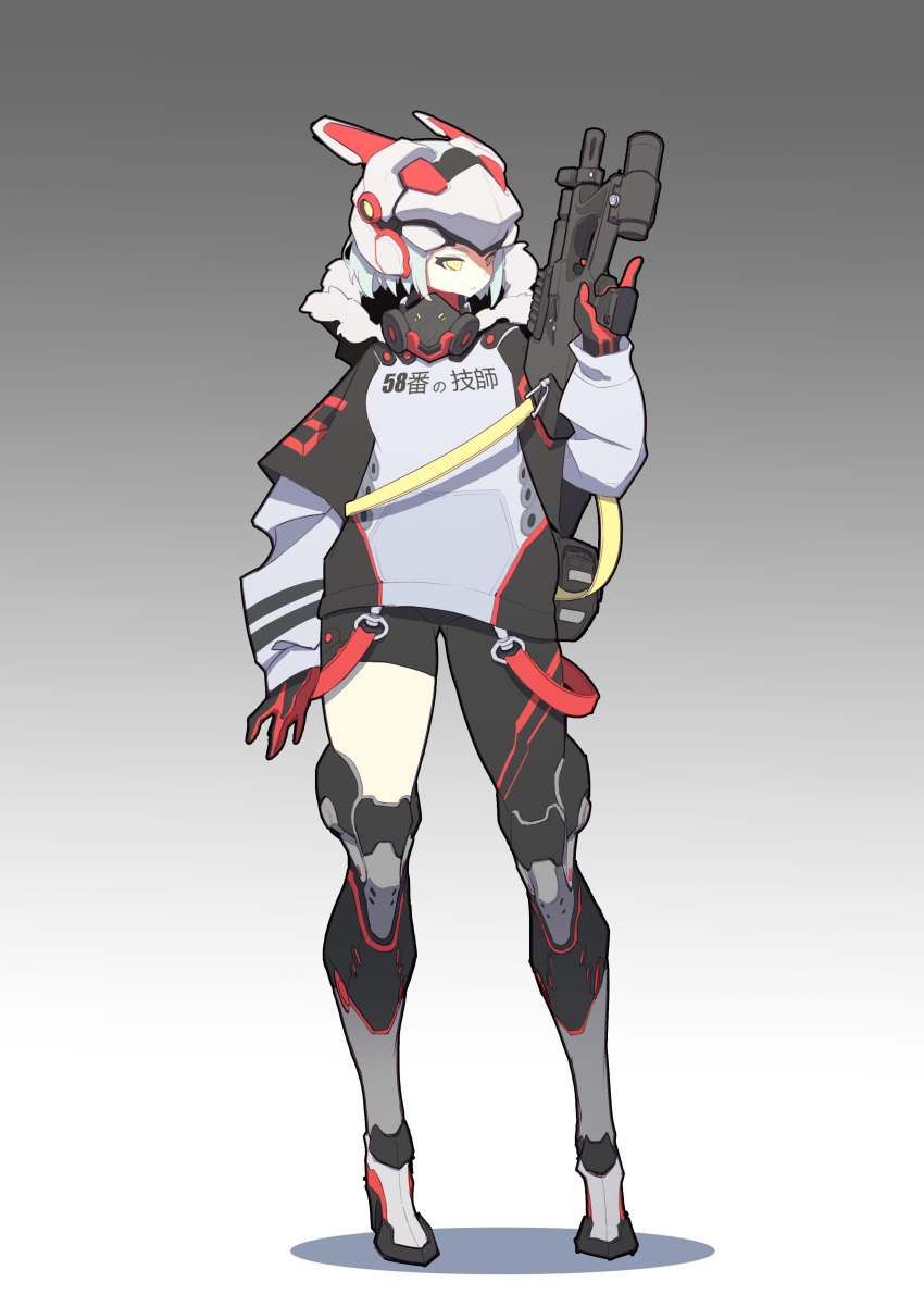 1girl absurdres bag belt breasts coat finger_on_trigger fps_xilou full_body gloves grey_background grey_hair gun helmet highres holding holding_gun holding_weapon hood hood_down knee_pads laser_pointer long_sleeves looking_to_the_side medium_breasts original pants pp-2000 respirator short_hair simple_background solo standing submachine_gun weapon yellow_eyes