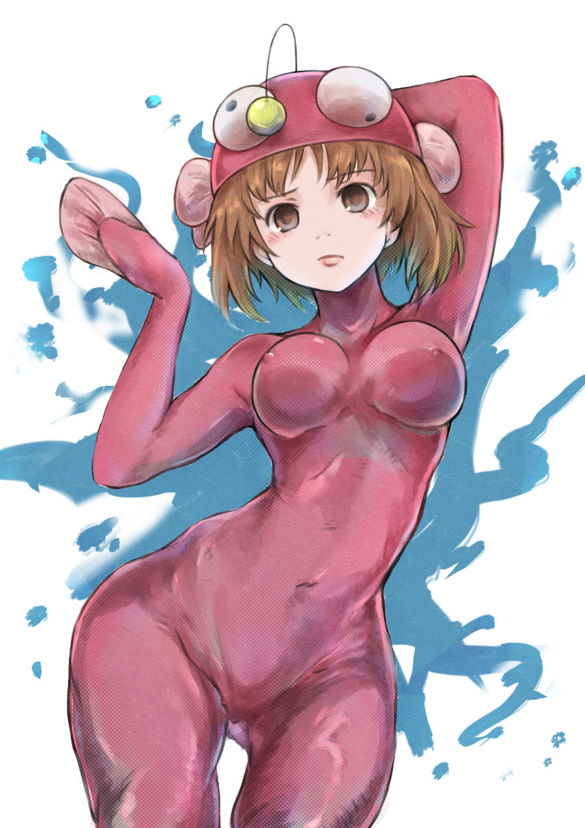 1girl absurdres anglerfish_costume arm_behind_back arms_up bangs blue_background bodysuit breasts brown_eyes brown_hair closed_mouth commentary covered_navel covered_nipples cowboy_shot dancing ennui_orz eyebrows_visible_through_hair fish_hat girls_und_panzer hat highres leaning_to_the_side light_blush light_frown lips looking_at_viewer medium_breasts nishizumi_miho paint_splatter pink_bodysuit pink_headwear short_hair sitting solo traditional_media
