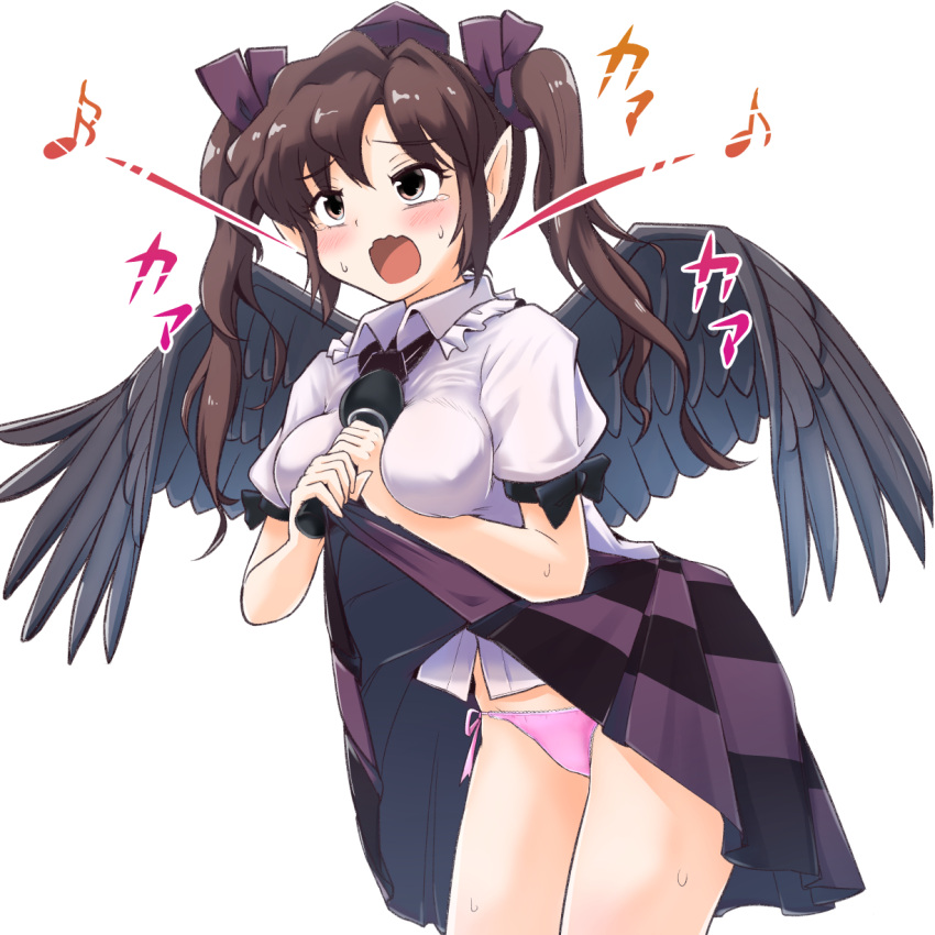 1girl bangs between_breasts black_neckwear black_skirt blush breasts brown_eyes brown_hair checkered checkered_skirt commentary_request cowboy_shot eighth_note eyebrows_visible_through_hair frilled_shirt_collar frills hair_ribbon hat highres himekaidou_hatate holding holding_microphone lifted_by_self long_hair medium_breasts microphone miniskirt musical_note open_mouth panties pantyshot pantyshot_(standing) pink_panties pointy_ears puffy_short_sleeves puffy_sleeves purple_ribbon purple_skirt ribbon shirt short_sleeves side-tie_panties sidelocks simple_background skirt skirt_lift smile solo standing sweat tada_no_nasu tears thighs tokin_hat touhou twintails underwear wavy_mouth white_background white_shirt wing_collar