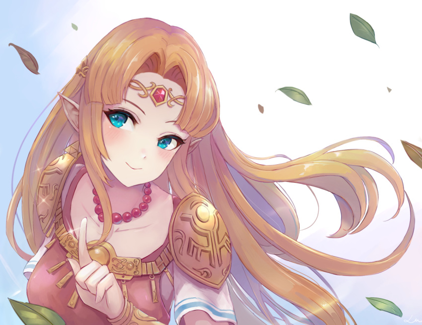 1girl blue_eyes blush bracer forehead_jewel hair_ornament jewelry leonmandala long_hair looking_at_viewer pointy_ears princess_zelda smile solo super_smash_bros. the_legend_of_zelda the_legend_of_zelda:_a_link_between_worlds tiara triforce