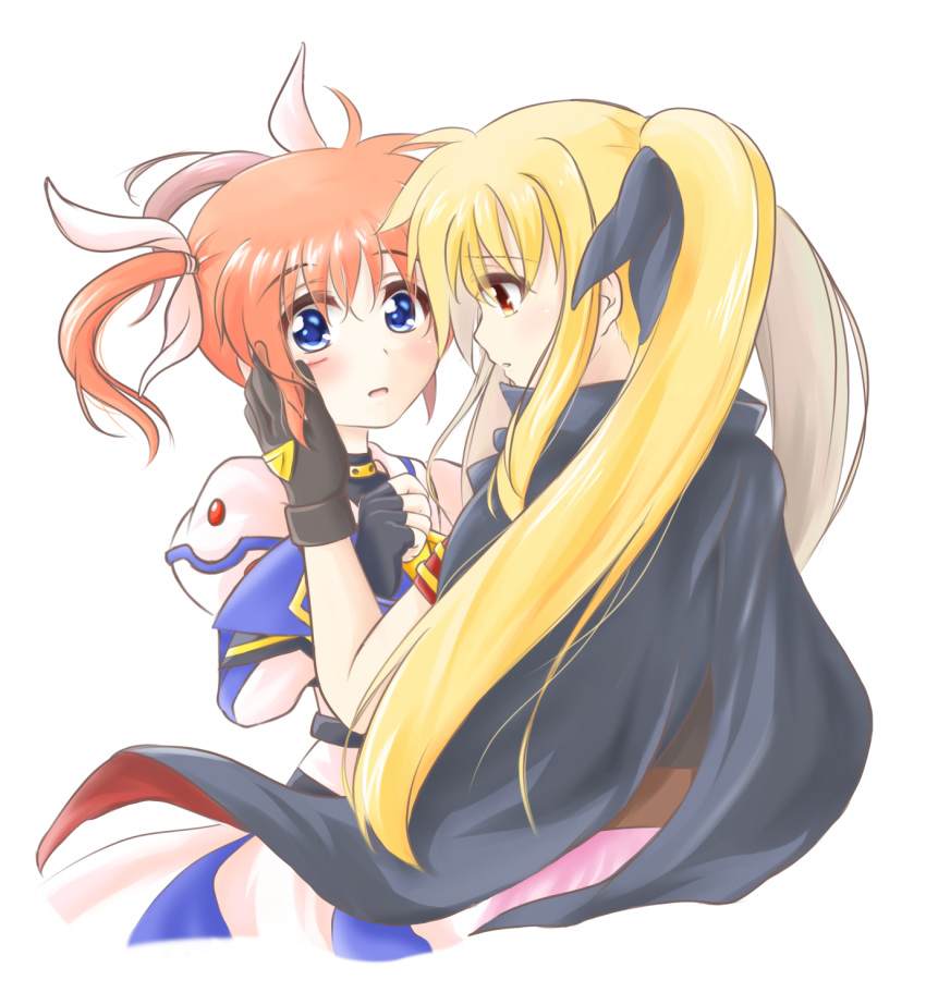 2girls black_ribbon blonde_hair blue_eyes blush cape cloak couple eye_contact fate_testarossa fingerless_gloves gloves hair_ornament hair_ribbon hand_on_another's_cheek hand_on_another's_face highres imminent_kiss jacket kerorokjy looking_at_another lyrical_nanoha magical_girl mahou_shoujo_lyrical_nanoha mahou_shoujo_lyrical_nanoha_a's multiple_girls open_mouth orange_hair red_eyes ribbon short_twintails simple_background surprised takamachi_nanoha twintails white_background white_ribbon yuri