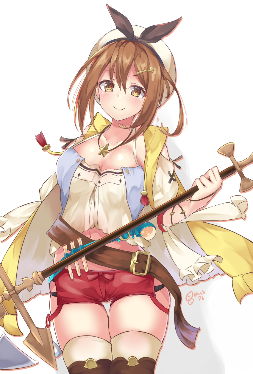 1girl absurdres atelier_(series) atelier_ryza belt beret blush breasts brown_eyes brown_hair closed_mouth collarbone cowboy_shot drawstring flask hair_ornament hairclip hat highres holding k-doku large_breasts looking_at_viewer midriff navel red_shorts reisalin_stout shirt short_hair short_shorts shorts signature smile solo test_tube thigh-highs thigh_gap thighs white_background white_headwear white_shirt