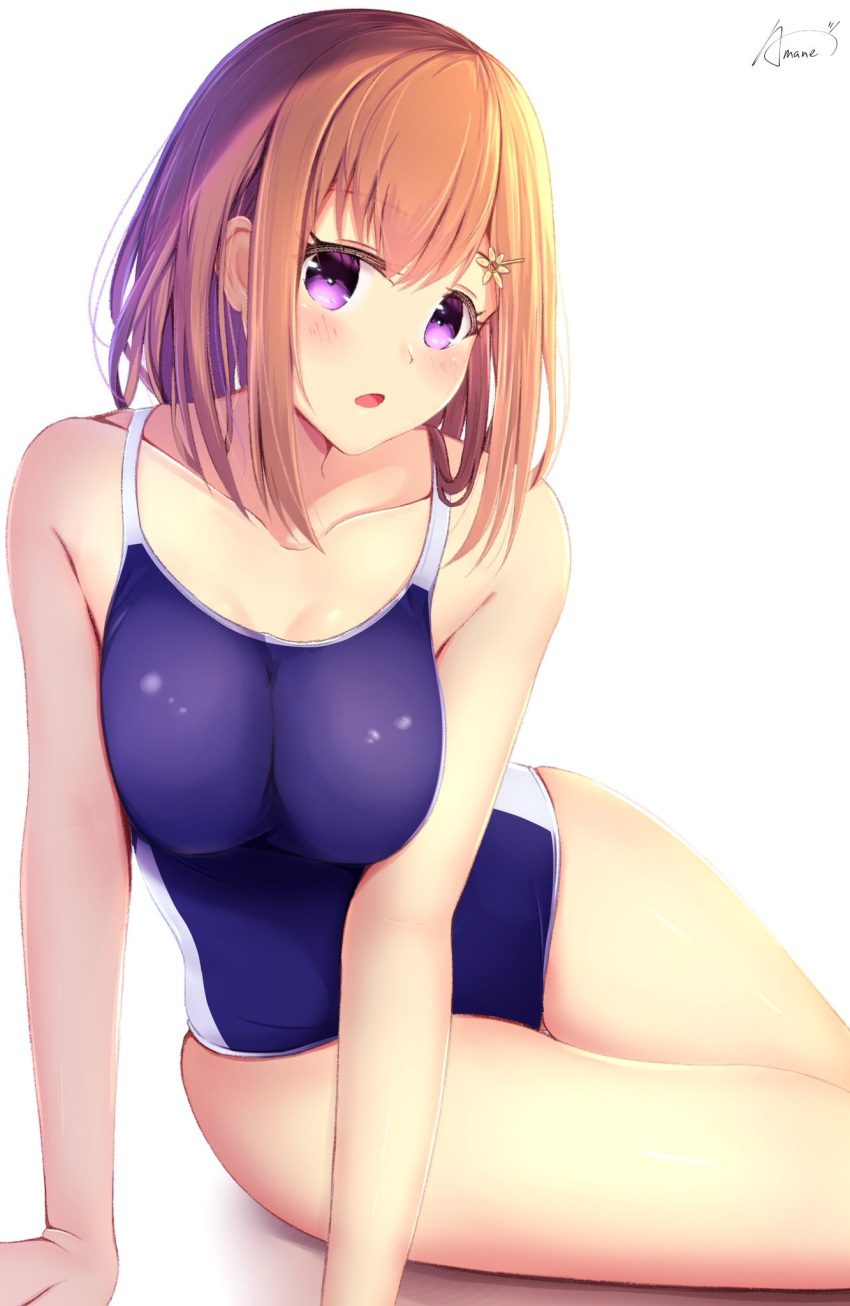 1girl amane_1906 bare_arms bare_legs bare_shoulders blush breasts collarbone commentary_request eyebrows_visible_through_hair hair_ornament hairclip highres large_breasts looking_at_viewer medium_hair open_mouth original signature simple_background sitting solo swimsuit thighs violet_eyes white_background