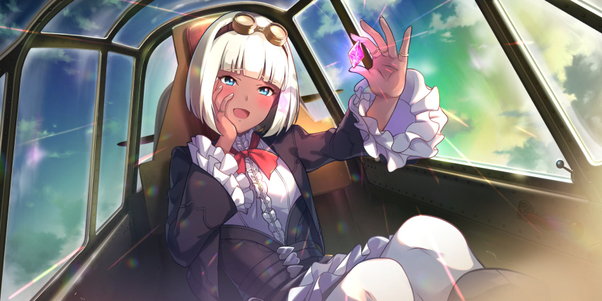 1girl blue_eyes bob_cut character_request clouds cloudy_sky cockpit dark_skin dress dutch_angle frilled_dress frills game_cg gem goggles goggles_on_head highres jewelry kouya_no_kotobuki_hikoutai non-web_source official_art pantyhose red_neckwear ring shirt short_hair sky solo white_hair white_legwear white_shirt wide_sleeves