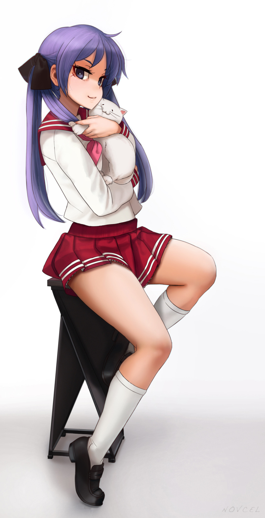 1girl absurdres ahoge black_footwear cat full_body highres hiiragi_kagami kneehighs lips loafers long_hair long_sleeves looking_at_viewer lucky_star novcel pink_neckwear purple_hair red_sailor_collar red_skirt ryouou_school_uniform sailor_collar school_uniform serafuku shoes sitting skirt smile tsurime twintails white_background yellow_neckwear