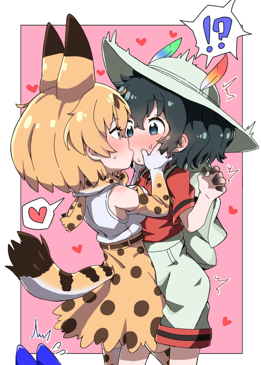 !? /\/\/\ 2girls animal_ears backpack bag black_hair blonde_hair blue_eyes blush commentary_request cowboy_shot ear_blush elbow_gloves extra_ears gloves hands_on_another's_cheeks hands_on_another's_face hat hat_feather heart high-waist_skirt highres kaban_(kemono_friends) kemono_friends kiss leg_between_thighs lucky_beast_(kemono_friends) multiple_girls nekonyan_(inaba31415) nose_blush pink_background print_gloves print_legwear print_neckwear print_skirt red_shirt serval serval_ears serval_print serval_tail shirt short_hair short_sleeves shorts simple_background skirt sleeveless sleeveless_shirt spoken_heart spoken_interrobang sweat tail thigh-highs white_shirt white_shorts yellow_eyes yuri