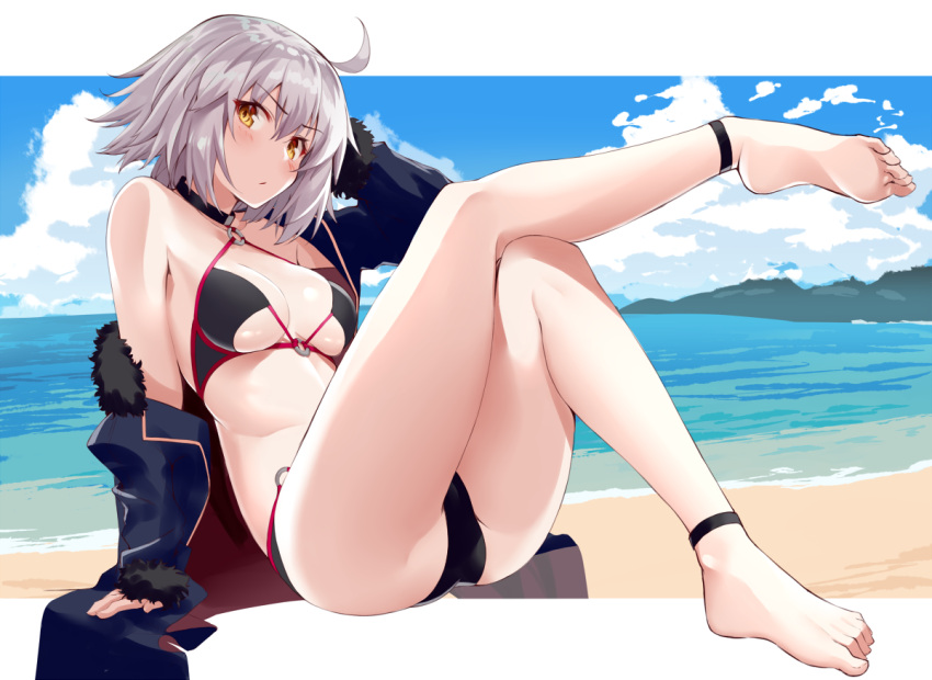 1girl ahoge bikini black_bikini black_choker blue_jacket breasts choker coat fate/grand_order fate_(series) full_body fur-trimmed_coat fur-trimmed_jacket fur-trimmed_sleeves fur_trim jacket jeanne_d'arc_(alter)_(fate) jeanne_d'arc_(alter_swimsuit_berserker) jeanne_d'arc_(fate)_(all) large_breasts o-ring o-ring_bikini o-ring_bottom o-ring_top open_clothes open_coat open_jacket short_hair shunichi silver_hair sitting solo swimsuit wicked_dragon_witch_ver._shinjuku_1999 yellow_eyes