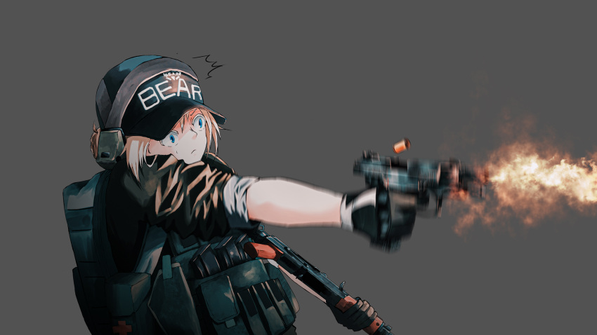 1girl aks-74u assault_rifle baseball_cap blonde_hair blue_eyes commentary ear_protection escape_from_tarkov firing gloves gun handgun hat highres holding holding_gun holding_weapon houtinti motion_blur mp443 muzzle_flash original rifle simple_background solo weapon wide-eyed