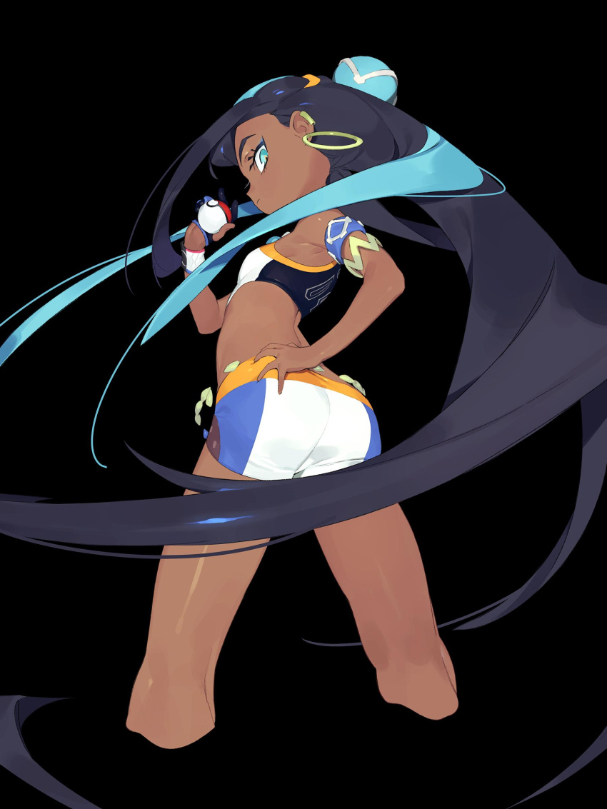 1girl absurdres amrkdrw armband ass black_background black_hair blue_eyes blue_hair breasts cropped_legs dark_skin earrings eyeshadow from_behind gloves hand_on_hip highres holding holding_poke_ball hoop_earrings jewelry long_hair looking_back makeup midriff multicolored_hair multiple_earrings partly_fingerless_gloves poke_ball poke_ball_(generic) pokemon pokemon_(game) pokemon_swsh rurina_(pokemon) short_shorts shorts sidelocks simple_background single_glove small_breasts solo streaked_hair very_long_hair wristband