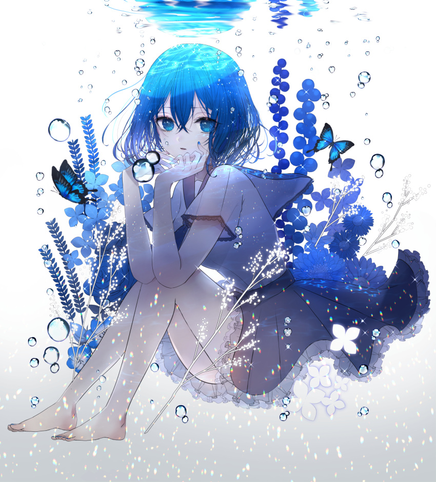 1girl asami_hbh barefoot blue_butterfly blue_eyes blue_flower blue_hair blue_nails blue_sailor_collar blue_skirt blue_theme bubble bug butterfly commentary flower full_body hands_on_own_cheeks hands_on_own_face highres insect legs nail_polish original parted_lips sailor_collar short_hair sitting skirt solo water_surface