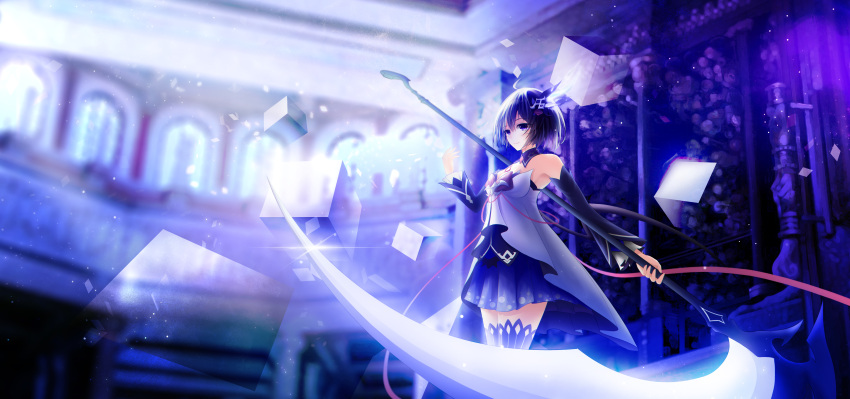1girl absurdres blue_eyes blue_hair blue_skirt blue_theme breasts cube detached_collar detached_sleeves dress hair_ornament highres holding holding_weapon honkai_(series) honkai_impact_3rd indoors liht looking_at_viewer scythe seele_vollerei short_hair skirt smile solo standing thigh-highs weapon white_dress