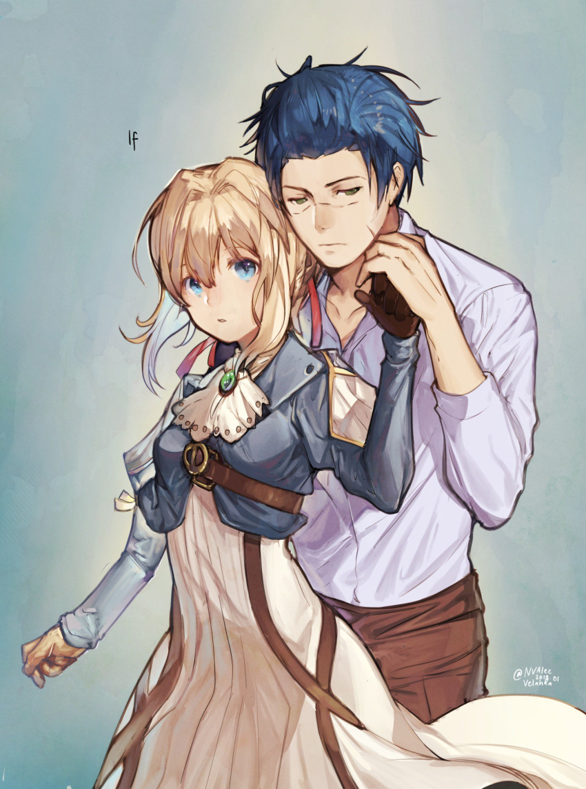 1boy 1girl :o artist_name bangs belt belt_buckle blonde_hair blue_background blue_eyes blue_hair blue_jacket breasts brooch brown_pants buckle commentary dress english_text eyebrows_visible_through_hair gilbert_bougainvillea gloves green_eyes hair_between_eyes hair_ribbon highres holding_another's_arm jacket jewelry long_dress long_hair long_sleeves looking_at_viewer looking_to_the_side medium_breasts open_mouth pants red_ribbon ribbon scar shirt simple_background velahka violet_evergarden violet_evergarden_(character) white_neckwear white_shirt