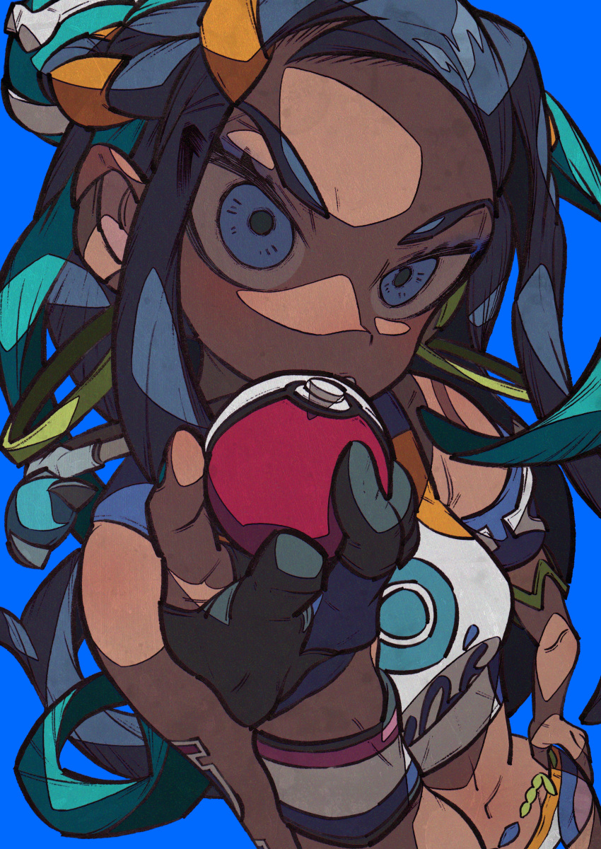 1girl absurdres armlet black_hair blue_background blue_eyes blue_hair breasts dark_skin earrings eyelashes eyeshadow gloves hair_bun hand_on_hip highres holding holding_poke_ball hoop_earrings huge_filesize jewelry long_hair makeup multicolored_hair navel partly_fingerless_gloves poke_ball pokemon pokemon_(game) pokemon_swsh rurina_(pokemon) shorts simple_background single_glove sleeveless solo sports_bra yaya_hiyayaka