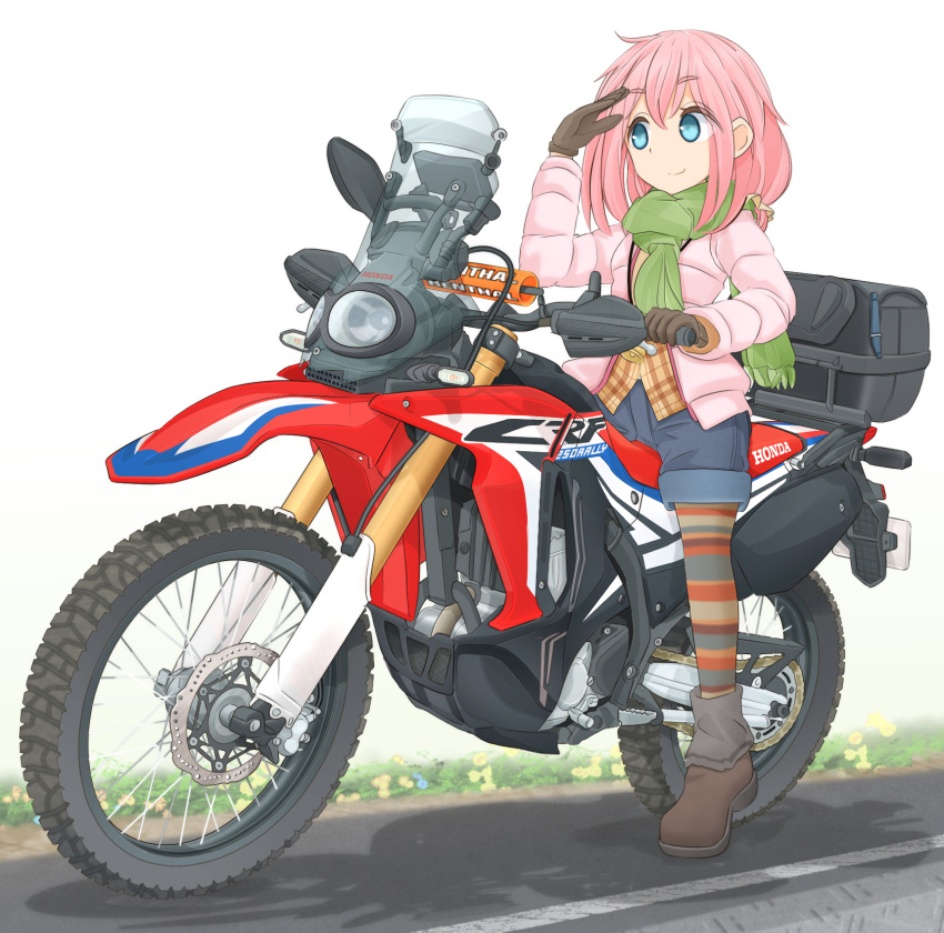 1girl aqua_eyes boots graphite_(medium) ground_vehicle highres honda kagamihara_nadeshiko long_hair mechanical_pencil mikeran_(mikelan) motor_vehicle motorcycle pencil pink_hair thigh-highs thigh_boots traditional_media yurucamp