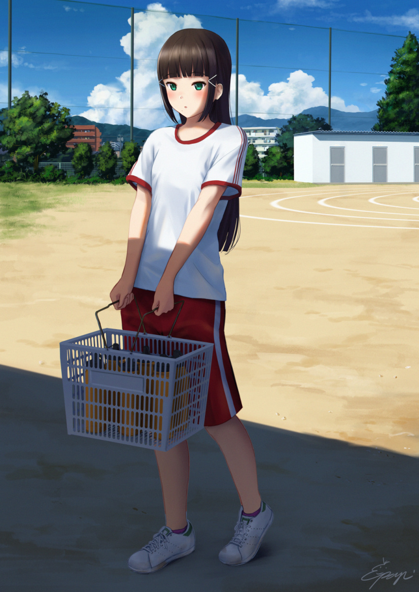 1girl bangs basket blunt_bangs blush bottle building carrying clouds green_eyes gym_uniform hair_ornament highres kurosawa_dia long_hair love_live! love_live!_sunshine!! mole mole_under_mouth outdoors papi_(papiron100) school shade shoes signature sky sneakers solo track_and_field tree water_bottle