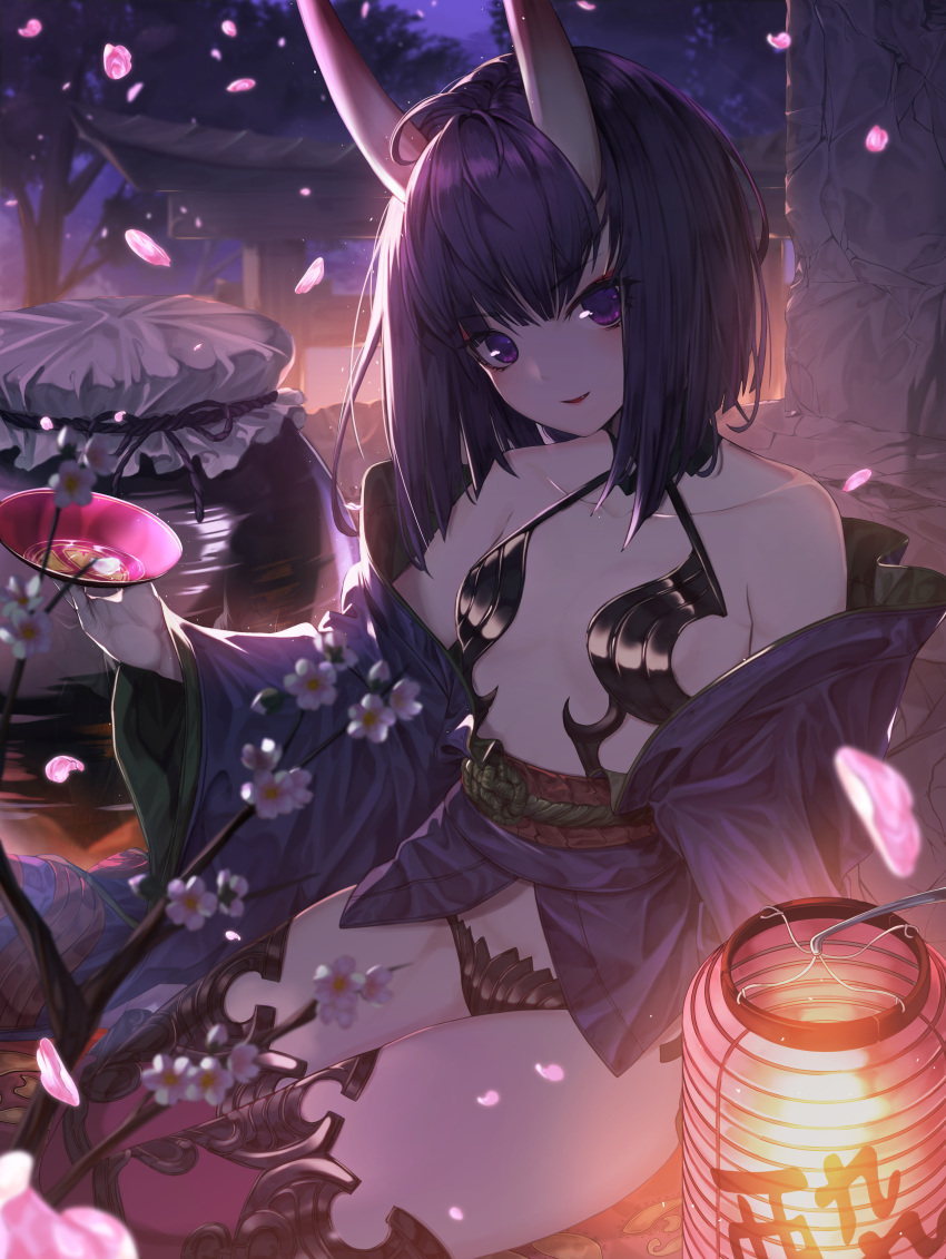 1girl absurdres bare_shoulders blush breasts collarbone cynd eyebrows_visible_through_hair fate/grand_order fate_(series) highres horns lantern looking_at_viewer outdoors parted_lips purple_hair shuten_douji_(fate/grand_order) sitting small_breasts smile solo torii violet_eyes