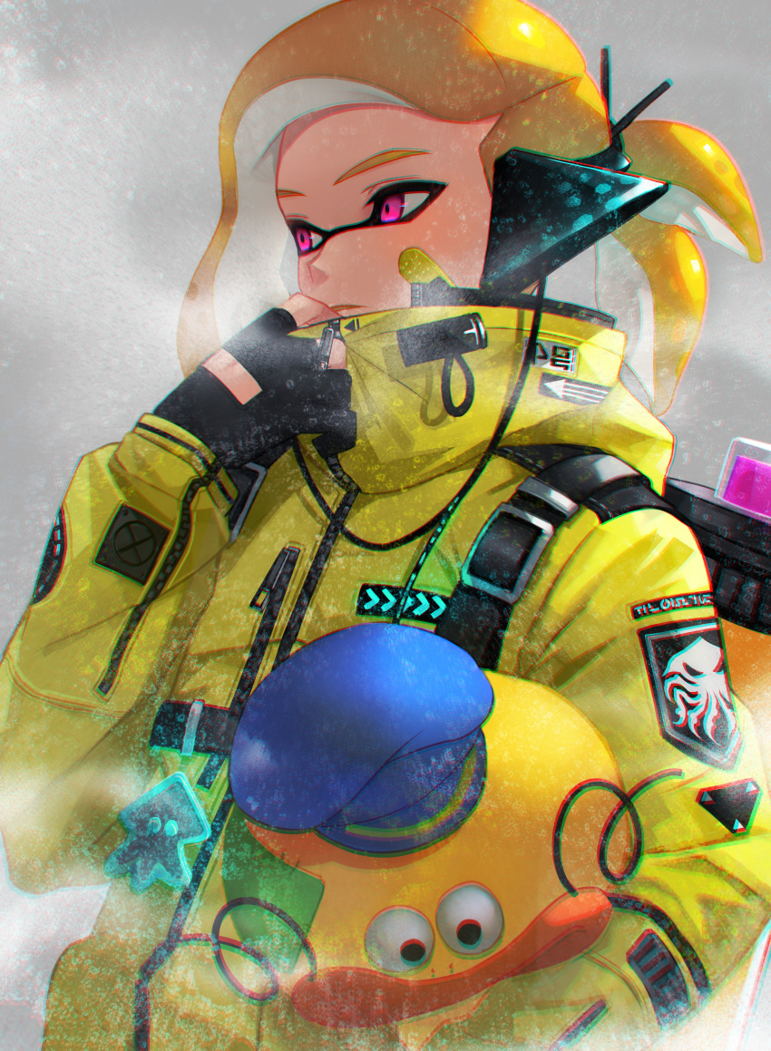 1boy absurdres animal bandaid bandaid_on_face black_gloves blonde_hair closed_mouth denchinamazu domik emblem fingerless_gloves gloves headgear highres holding holding_animal ink_tank_(splatoon) jacket light_frown logo long_sleeves looking_to_the_side male_focus medium_hair mimimi_(echonolog) short_ponytail snow solo splatoon_(series) splatoon_2 squid standing tentacle_hair upper_body violet_eyes yellow_jacket zipper