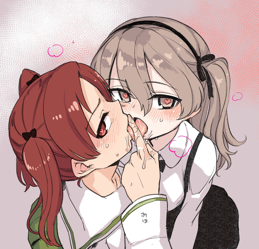 2girls absurdres aomushi_(mushamusha) bangs black_bow black_neckwear black_skirt blush bow brown_eyes brown_hair commentary_request finger_licking girls_und_panzer green_skirt hair_between_eyes hair_bow heart heart-shaped_pupils highres kadotani_anzu licking light_brown_hair long_hair long_sleeves looking_at_viewer multiple_girls one_side_up ooarai_school_uniform parted_bangs pleated_skirt saliva school_uniform serafuku shimada_arisu shirt skirt suspender_skirt suspenders symbol-shaped_pupils tongue tongue_out twintails white_shirt