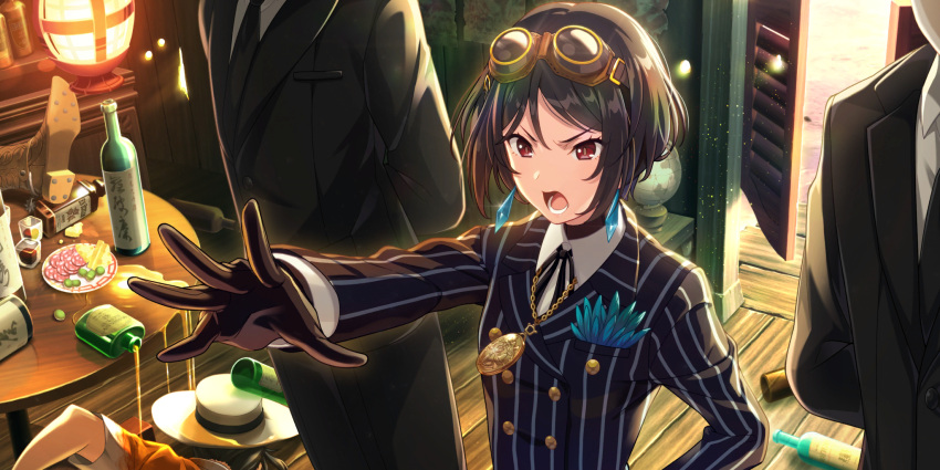 1girl black_gloves black_hair black_neckwear black_suit boots bottle character_request earrings formal game_cg gloves goggles goggles_on_head highres jewelry kouya_no_kotobuki_hikoutai long_sleeves multiple_boys neck_ribbon non-web_source official_art open_mouth pendant ribbon saloon_doors shirt short_hair solo_focus suit table vertical-striped_jacket white_shirt
