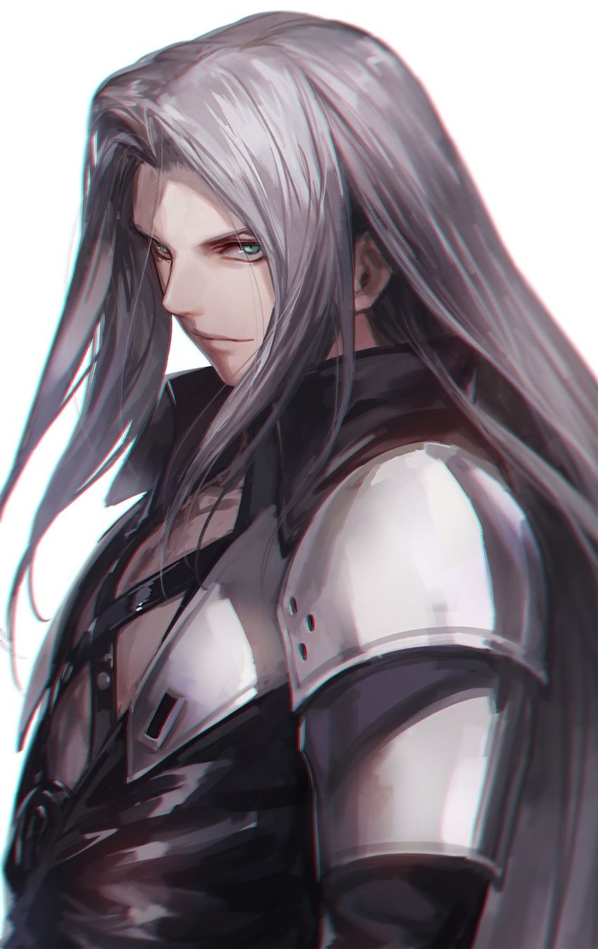 &gt;:) 1boy armor chinese_commentary closed_mouth coat commentary final_fantasy final_fantasy_vii green_eyes high_collar highres light_smile long_hair looking_at_viewer looking_to_the_side luen_kulo male_focus mixed-language_commentary pauldrons sephiroth sidelocks silver_hair simple_background smile solo upper_body v-shaped_eyebrows white_background