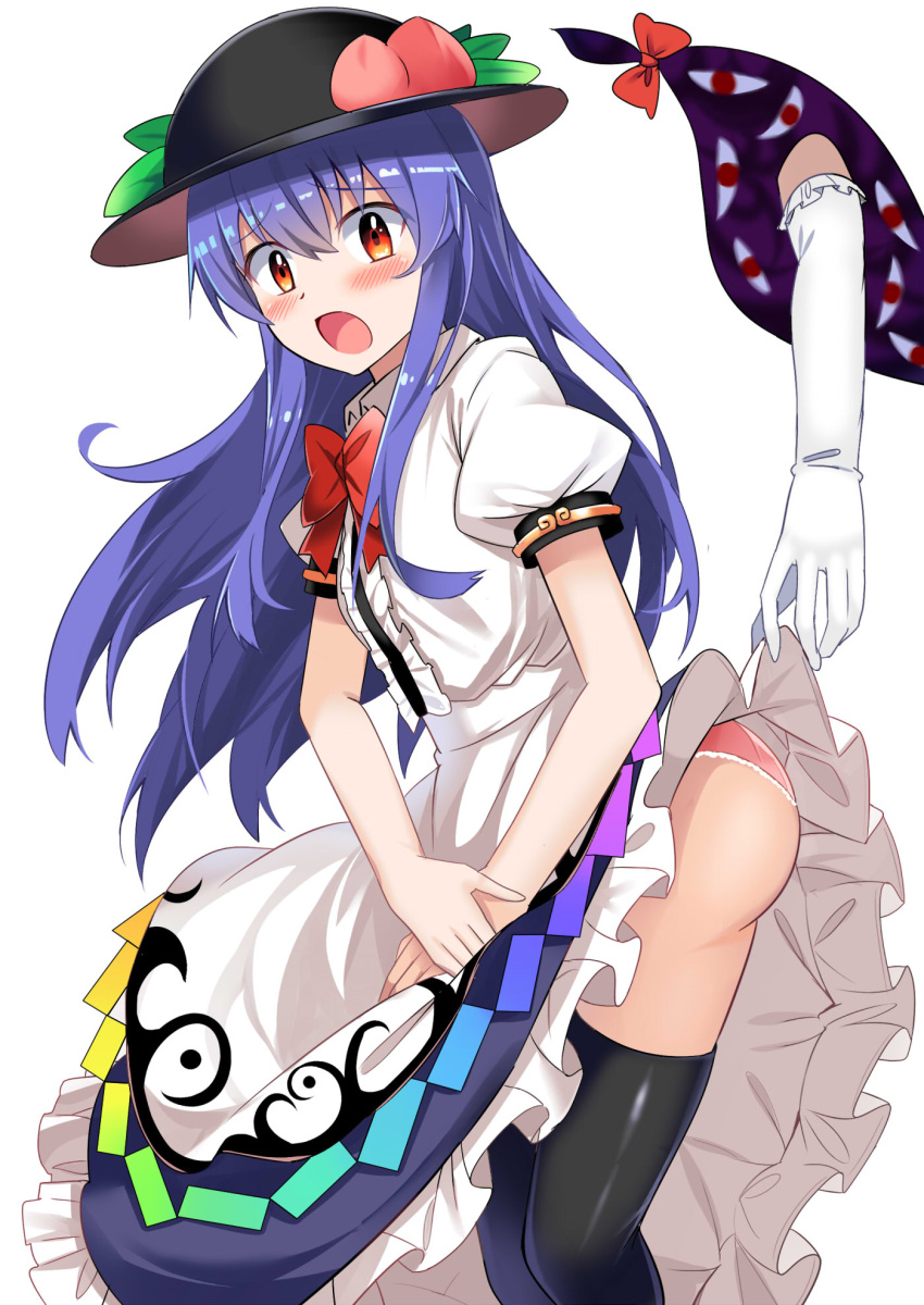 2girls ass bangs black_headwear black_legwear blouse blue_hair blue_skirt blush bow bowtie center_frills commentary_request e.o. elbow_gloves eyebrows_visible_through_hair feet_out_of_frame food fruit gap gloves hair_between_eyes hat highres hinanawi_tenshi leaf lifted_by_another long_hair looking_at_viewer multiple_girls panties peach petticoat pink_panties puffy_short_sleeves puffy_sleeves red_bow red_eyes red_neckwear short_sleeves simple_background skirt skirt_lift solo_focus standing thigh-highs thighs touhou underwear white_background white_blouse white_gloves wing_collar yakumo_yukari