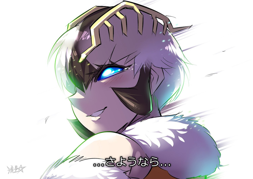 1girl antennae blue_eyes godzilla:_king_of_the_monsters godzilla_(series) insect_girl light looking_back monster_girl moth_girl mothra multicolored_hair personification ryuusei_(mark_ii) short_hair smile tears translated two-tone_hair