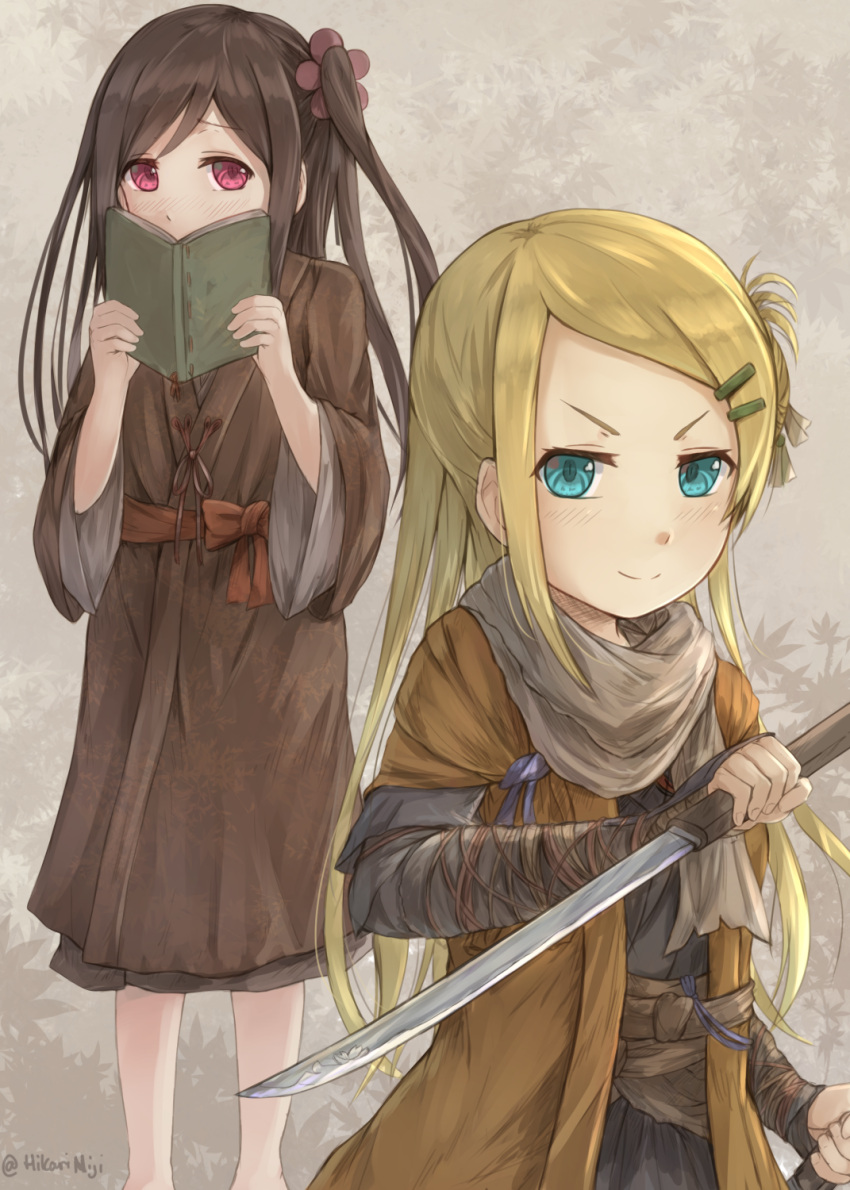 &gt;:) 2girls arm_guards bangs blonde_hair blue_eyes blush book brown_flower brown_hair brown_kimono closed_mouth commentary covered_mouth english_commentary fingernails flower forehead hair_flower hair_ornament hairclip highres hikari_niji hitori_bocchi hitoribocchi_no_marumaru_seikatsu holding holding_book holding_sword holding_weapon japanese_clothes katana kimono long_hair long_sleeves multiple_girls one_side_up open_book open_clothes sekiro:_shadows_die_twice short_sleeves smile sotoka_rakita swept_bangs sword twitter_username v-shaped_eyebrows very_long_hair violet_eyes weapon wide_sleeves