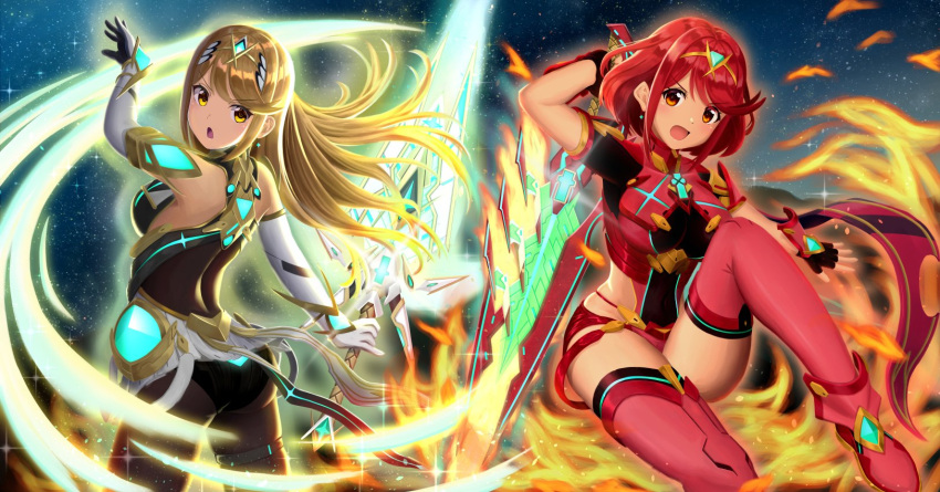 2girls armor ass back bangs bare_shoulders blonde_hair boots breasts commentary_request covered_navel dress earrings elbow_gloves eyebrows_visible_through_hair fingerless_gloves fire gem gloves glowing hair_ornament headpiece highres mythra_(xenoblade) holding holding_sword holding_weapon pyra_(xenoblade) jewelry large_breasts long_hair looking_at_viewer looking_back multiple_girls night panties pantyhose pantyshot pose red_eyes red_shorts redhead short_hair short_shorts shorts shoulder_armor sky sssemiii star star_(sky) starry_sky super_smash_bros. swept_bangs sword thigh-highs tiara underwear very_long_hair weapon white_dress xenoblade_(series) xenoblade_2 yellow_eyes