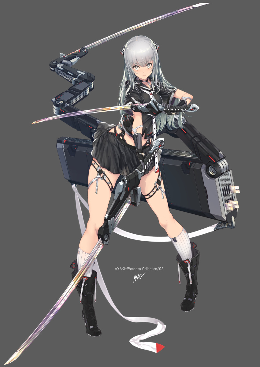 1girl absurdres ayaki black_footwear black_gloves black_serafuku boots box commentary_request dual_wielding full_body gloves grey_eyes highres holding katana looking_at_viewer mechanical_arm original ribbed_legwear school_uniform science_fiction serafuku silver_hair simple_background solo sword thigh-highs triple_wielding weapon