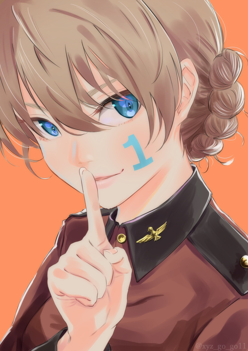 1girl absurdres bangs blonde_hair blue_eyes braid bright_pupils commentary darjeeling epaulettes finger_to_mouth girls_und_panzer highres jacket long_sleeves looking_at_viewer military military_uniform number orange_background oze_(xyz_go_go11) red_jacket simple_background smile solo st._gloriana's_military_uniform tied_hair uniform white_pupils writing
